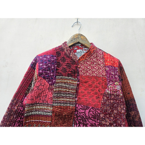 Veste matelassée en patchwork de soie de style bohème vintage fait à la main motifs uniques rivet à rayures meilleure qualité ajustement coton remplissage - Product Image 4