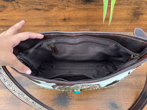 Meilleure vente cheveux occidentaux sur cuir repoussé Floral Turquoise Stone sac à main pour femmes personnalisé en cuir de vache véritable Concho sac à main - Product Image 5