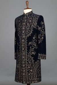 2024 lourd doré broderie marine velours Sherwani avec pantalon cristal verre perles pierre embelli chaussure grande taille Dabka travail - Product Image 2