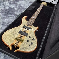 Guitare basse électrique 5 cordes style Alem personnalisée avec touche en ébène, table en érable burst d'usine, manche traversant le corps, avec étui rigide