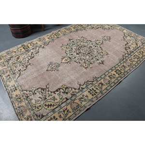 Alfombra turca Vintage Beige verde 5,5X9 pies hecha a mano estilo bohemio lana con respaldo de látex para cabecera patrón de retales rectangulares - Product Image 2