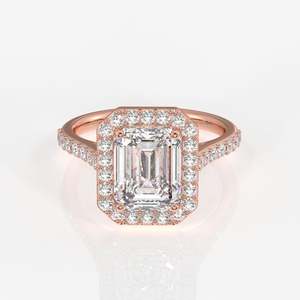 Bague de fiançailles en or 14 carats avec halo de diamants taille émeraude cultivés en laboratoire, personnalisable et unique - Product Image 6