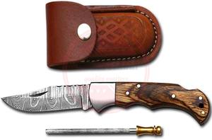 Couteau de poche damas fait main couteau de survie pliant de camping en plein air damas avec gaine en cuir et manche en bois - Product Image 3