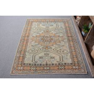 Alfombra Turca Vintage Beige Marrón 4,2x5,6 pies Lana Hecha a Mano Área Grande Patchwork Diseño Rectangular Pasillo Patrón Látex para Habitaciones - Product Image 1
