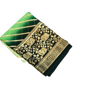 Sari étnico de seda pura con relleno ligero de Georgette y estampado de elefante de lámina dorada para ropa de fiesta para adultos - Product Image 1