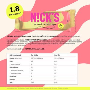 NICKS Peanut Butter Cups, chocolat faible en glucides avec beurre de cacahuète, collation sans gluten (12 barres x 50g) - Product Image 4