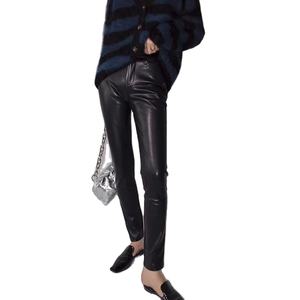 Pantalon en cuir véritable noir et blanc, pantalon en peau de mouton, classique, taille haute, skinny, leggings extensibles pour femmes, Pantalon Mujer - Product Image 2