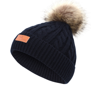 Knit Winter Leather Patch Logo Beanie <b>Hats</b> Pom Pom Knitted Bobble <b>Hat</b> Custom - Product Image 6