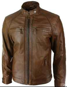 Chaqueta de motorista de alta calidad personalizada para hombre en cuero genuino marrón motocicleta estilo clásico chaqueta transpirable cuello alto - Product Image 5