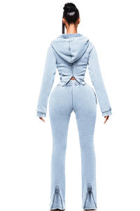 KY Acid Wash 100% Polyester Respirant Écologique Haute Qualité Exclusif Zip Crop Hoodie Dames Survêtement 2 Pièces Ensemble - Product Image 3