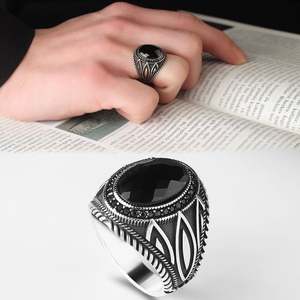 Anillo Azuris turco de plata de ley 925 para hombre, joyería de moda de estilo otomano, piedra negra natural hecha a mano VALKH1332 - Product Image 2
