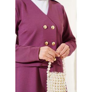 ชุด2ชิ้นกระโปรงมีกระดุมสีทองมีป้านไหล่สีม่วงแดง - Product Image 4