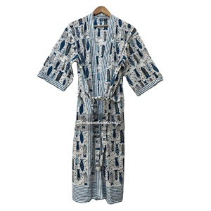 Kimono de verano de algodón 100% largo con estampado de bloques hecho a mano, ropa de dormir personalizada de la mejor calidad para mujer, vestido informal Natural gratis - Product Image 1