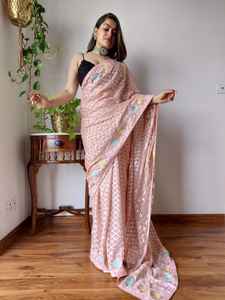 Sari en soie d'organza lourd de créateur traditionnel brodé pour festival de mariage indien pakistanais modèle fantaisie pour adultes mode - Product Image 6