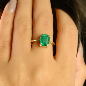 Impresionante Anillo de Oro Amarillo Sólido de 14K con Esmeralda Natural de Diseño Clásico, Engaste de Doble Púa, Piedra Única, Joyería para Uso Diario - Product Image 2