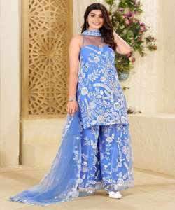 FILET DE BRODERIE DESIGNER TOP DE TRAVAIL PALAZZO AVEC DUPATTA PARTY WEAR PRIX DE GROS VÊTEMENT ETHNIQUE BLEU INDIEN PAKISTANI - Product Image 1