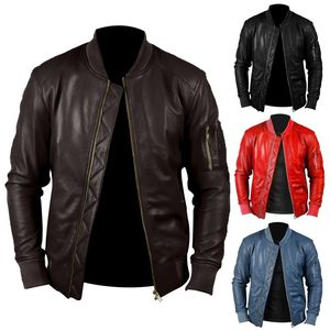 Veste en cuir de style High Street pour hommes de la meilleure qualité pour l'hiver, couleur unie avec col montant et logo sur le devant - Product Image 3