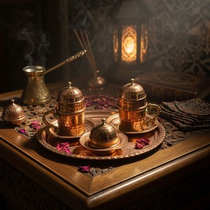 8-<b>Piece</b> Copper Cup <b>Set</b> for <b>2</b> People Oriental Design Style Wedding Gift Includes Lids & Tray - Product Image 1