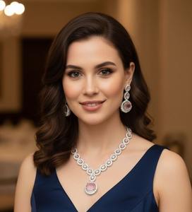 Top Demanded Blush Pink Halo Royale <b>Necklace</b> and Earrings Set for Brides and Special Occasions Available at Affordable Price - Product Image 1