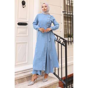 Ensemble décontracté en denim bleu clair à col rond, 2 pièces, 100% coton, détails boutonnés, longueur midi - Product Image 3