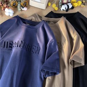 เสื้อยืดพิมพ์ลายพัฟแนวสตรีทของผู้ชายเสื้อคอตตอนเสื้อยืดโอเวอร์ไซส์เข้ารูปพิมพ์โลโก้3D หมึกยก - Product Image 1