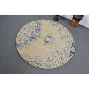 Tapis turc vintage beige bleu 4.5x4,5 pieds fait à la main en laine avec support en latex Patchwork Design Style Tabriz pour salon adolescent - Product Image 4