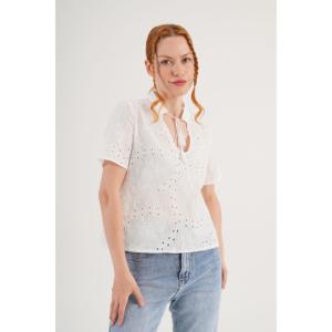 Blusa de Manga Corta con Cordones y Borlas de Guipur para Mujer, Marca Lustrin, Blusa Informal de Mezcla de Poliéster y Algodón Blanca para Verano - Product Image 4