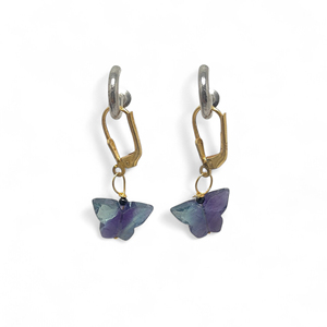 Mariposa tallada piedra preciosa fluorita palanca trasera pendientes chapado en oro alambre envuelto moda plata esterlina joyería pendiente - Product Image 6