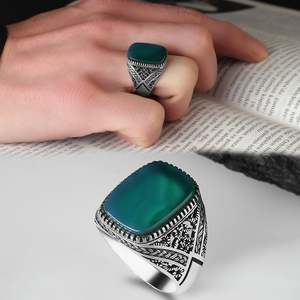 Anillo Azuris turco de plata de ley 925 para hombre, estilo otomano, joyería de moda, piedra natural, color negro, hecho a mano VALKH1344 - Product Image 1