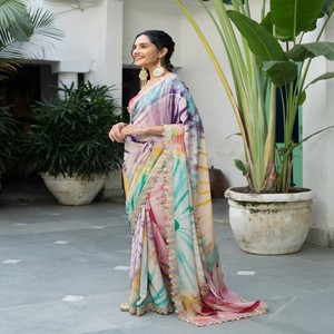 Blusa Sari estampada de tela de Chinon suave y pesada de moda superventas, sari nupcial exclusivo elegante para fiestas de invierno - Product Image 1