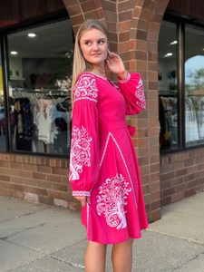 Exclusive Ukrainian Embroidered Full Balloon Sleeves Pink Color Knee Length Embroidery <b>Dress</b> Cheap Cotton Embroidered <b>Dress</b> - Product Image 3