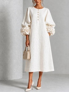 Robe midi élégante en lin pour femme, col rond, manches bouffantes, boutonnée, coupe trapèze, couleur unie, imprimé sublimation sur le devant, manches longues, mi-mollet - Product Image 3