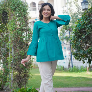 Haut en coton slub de qualité supérieure pour femmes, robes d'été en gros, turquoise et manches cloche, col rond, haut décontracté - Product Image 1