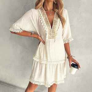Boho V Neck Embroidered Tassel <b>Summer</b> Mini <b>Dress</b> Casual Flowy <b>Dress</b> Handmade For Women - Product Image 3