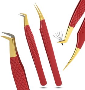 Pinzas de extensión rojas de acero inoxidable Punta dorada para un volumen de pestañas fuerte y pinzas de pestañas de agarre de fibra de Gray Rocks - Product Image 1