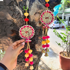 Trendy Shubh Labh Pompom Hanging Bell Work Hangings Handmade <b>Backdrops</b> for Wedding , <b>Party</b>, Haldi, Mehndi, Decor Wall Hangings - Product Image 6