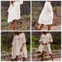 Robe chemise décontractée d'été pour femme, en coton et lin vintage de haute qualité, écologique, boutonnée, coupe droite, à manches mi-longues, couleur unie