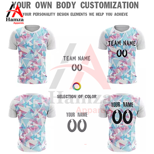 Camiseta de Fútbol Sublimada Blanca, Azul y Rosa, 100% Poliéster, 180 GSM, Tejido Transpirable, Personalizable, para Jóvenes y Adultos, Cuello Alto, Diseño Geométrico - Product Image 4