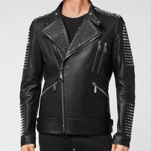 Veste cloutée en cuir pour homme, nouveau Style motard noir en peau de vache véritable - Product Image 2