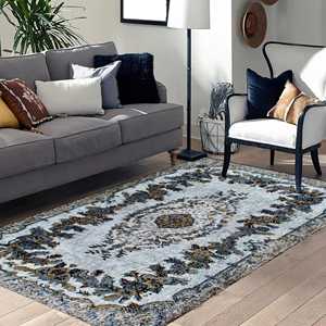 Tapis ethnique turc noir à motifs médaillon, impression 3D, avec poils doux - Product Image 1