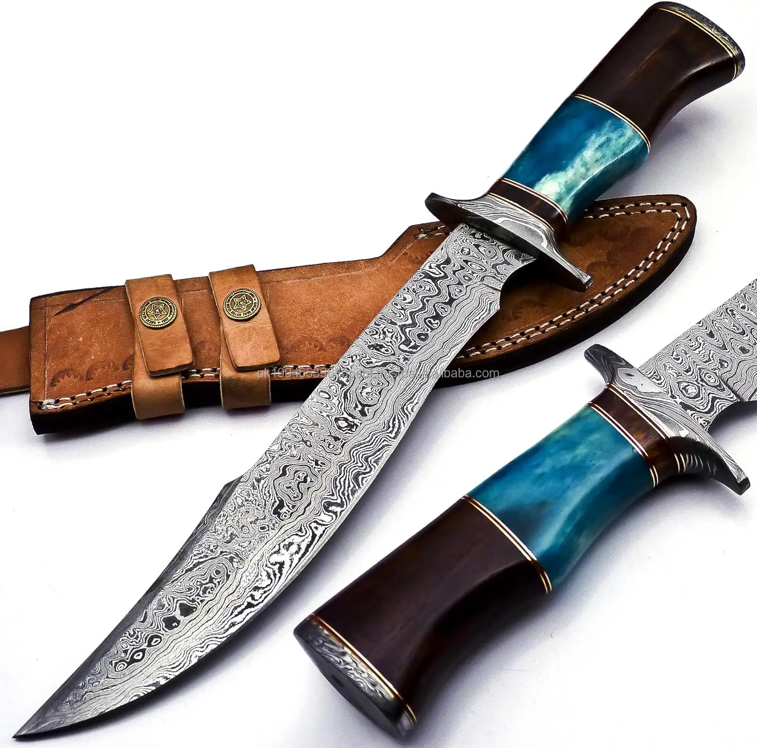 Handmade Damascus Steel Fixed Blade Bowie Knife Full Tang Multipurpose Knife with Wood and Bone Handle for Outdoor Use W/Sheath