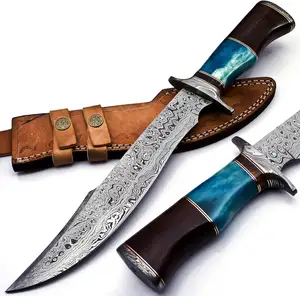 Cuchillo Bowie de hoja fija de acero de Damasco hecho a mano, cuchillo multiusos de espiga completa con mango de madera y hueso para uso en exteriores con funda