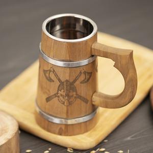Chope à bière en bois artisanale personnalisée de 20 oz, style ancien, résistante au micro-ondes, motif floral, poignée, utilisation hôtelière, en provenance d'Inde - Product Image 2