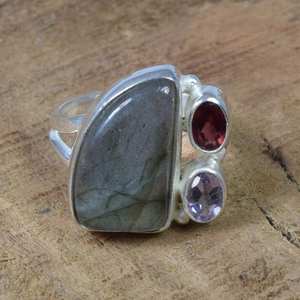 แหวนเงินแท้ 925 ประดับเพชรซิร์คอนและพลอยธรรมชาติหลายเม็ด ของขวัญสำหรับเธอ - Product Image 1