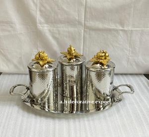 Juego de Recipientes de Metal Martillado de Lujo, Tapas Plateadas con Forma de Calabaza, Bandeja para Servir a Juego, 3 Piezas, Estilo Europeo, Hecho a Mano, para Cocina y Fiestas - Product Image 1