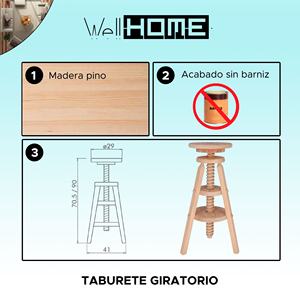 Sgabello Girevole in Legno Non Verniciato WELL HOME 29x29x90 cm, Sgabello da Bar - Product Image 2