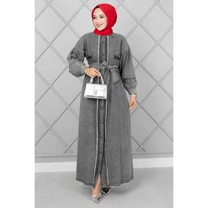 Robe en jean décontractée avec détails de franges sur le devant en fumée avec décoration à motifs - Product Image 4