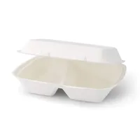 Boîtes à repas rectangulaires compostables à deux compartiments avec couvercle à charnière en canne à sucre - 25x20x7,5 cm - 200 pcs/carton