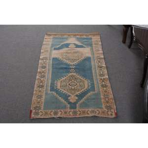 Tapis turc vintage bleu beige élégant et classique pour décoration intérieure grande taille (290x570 pieds) Technique de tissage plat en laine Latex - Product Image 1