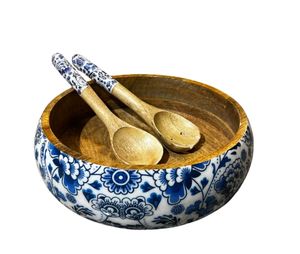 Bol à salade floral bleu bois de manguier bols à salade en bois décoratifs faits à la main avec ustensiles de service accessoire de salle à manger en bois - Product Image 2